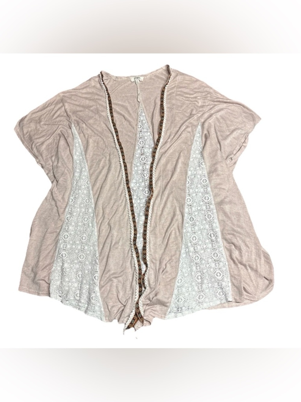 Umgee Kimono Open Front Cardigan Bohemian Western M/L Beige Lace Accents Preppy